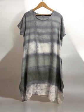 Italian Linen Blend Tie-Dye Midi Dress Oversized Boho Lagenlook M-L